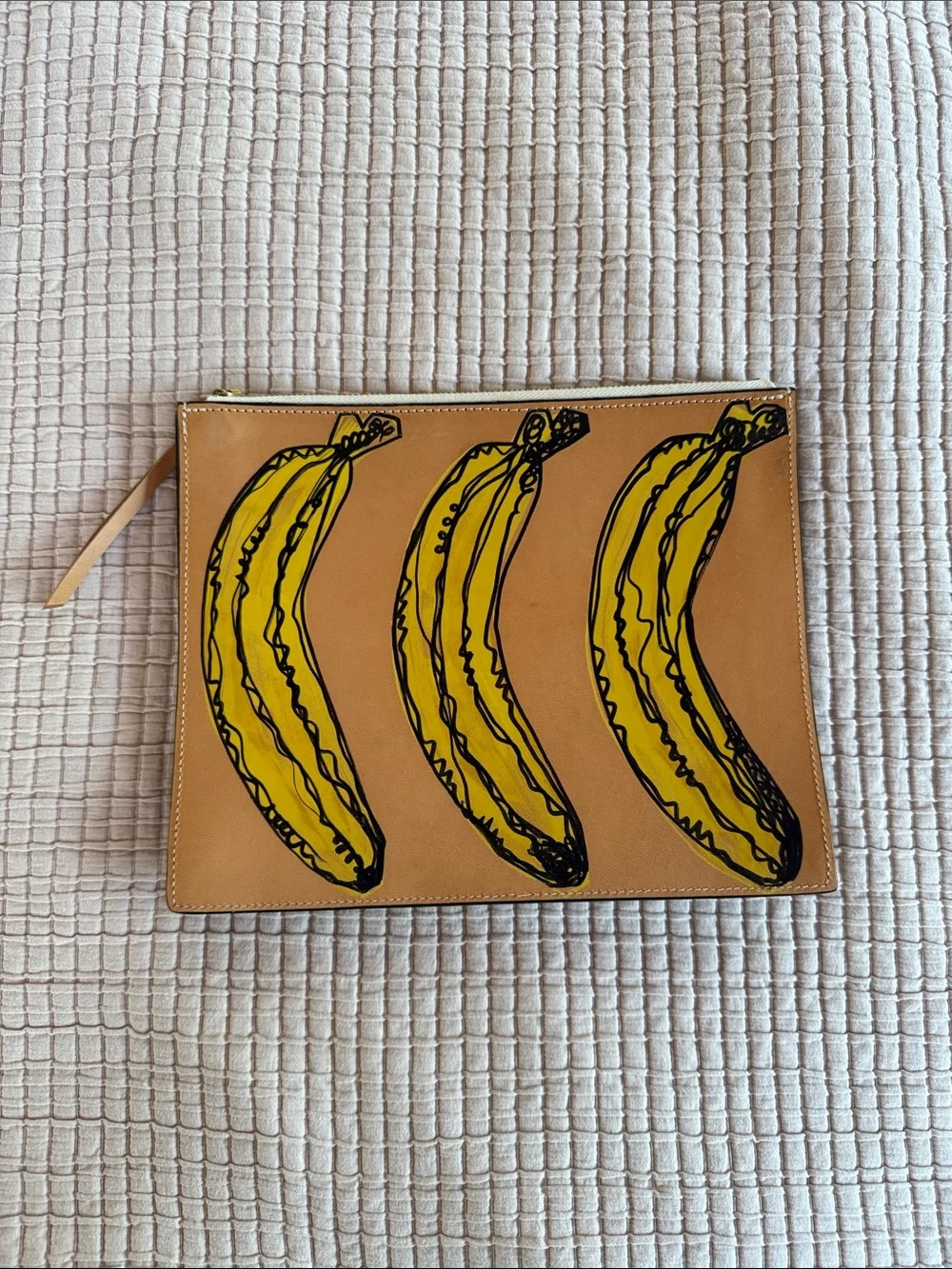 Leather Banana Print Pouch - Tan and Yellow
